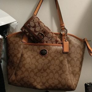 Coach signature coated canvas and leather trim, tan and brown purse and wallet